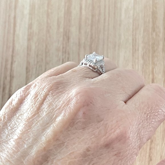 Princess Cut Simulated Diamond Halo Ring w/ Twisted Simulated Diamond Band - SS - Picture 5 of 5